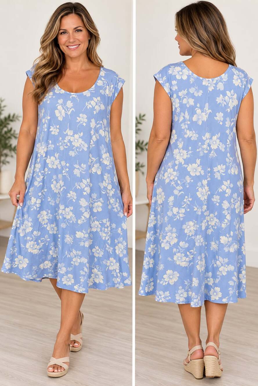 NWT Old Navy Scoop Neck Swing Dress Size 2X Blue Floral Short Sleeve Midi